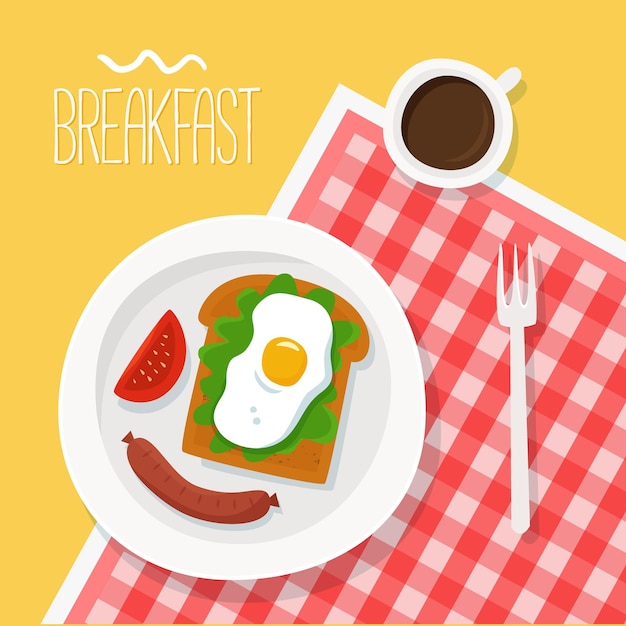 Breakfast with toast eggs sausage tomato coffee on plate Flat vector illustation