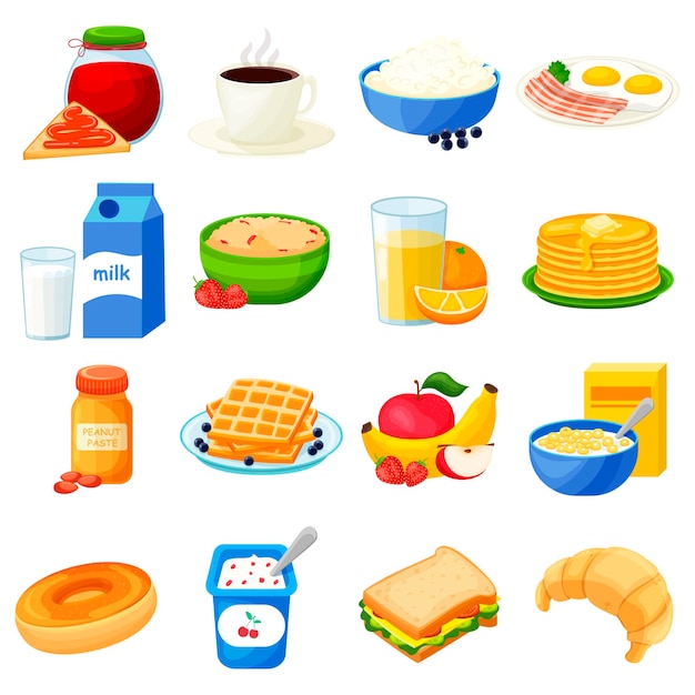 Breakfasts. big set of flat icons. isolated over white background. healthy breakfast. for your design.