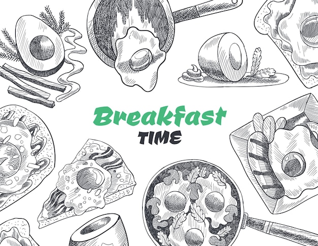 朝食とブランチの上面図。ヴィンテージ手描きスケッチイラスト。
