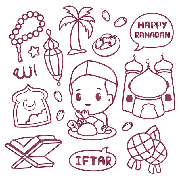 Rompere la cultura islamica della clipart iftar disegnata a mano del doodle veloce durante il ramadan