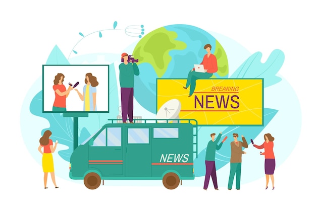 breaking news from reporter journalist flat tv camera vector illustration journalist work for press media concept man woman character