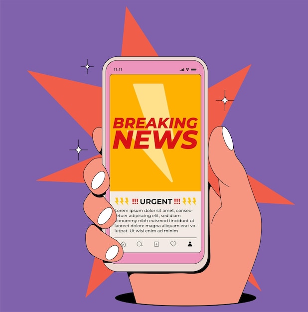 ベクトル 画面上のニュース バナー情報を壊すとスマート フォンを持っている手で速報ニュース ポストまたはウェブサイトのコンセプト漫画のスタイルのベクトル図