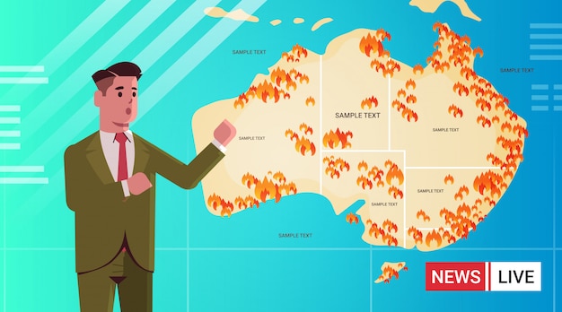 Breaking news reporter journalist live brodcasting map of australia with symbols of bushfires seasonal wildfires dry woods burning global warming natural disaster concept portrait flat