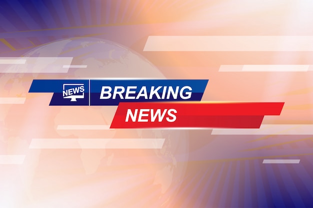 Vector breaking news template title with globe world map on blue background with light effects for screen tv channel.