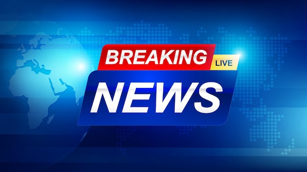 Breaking news template with 3d red and blue badge, Breaking news text on dark blue with earth and world map background