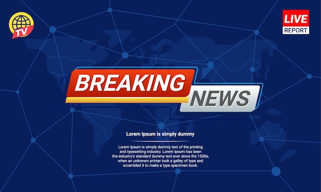 Vector breaking news template with red and white badge with earth and world map background tv news show broadcast