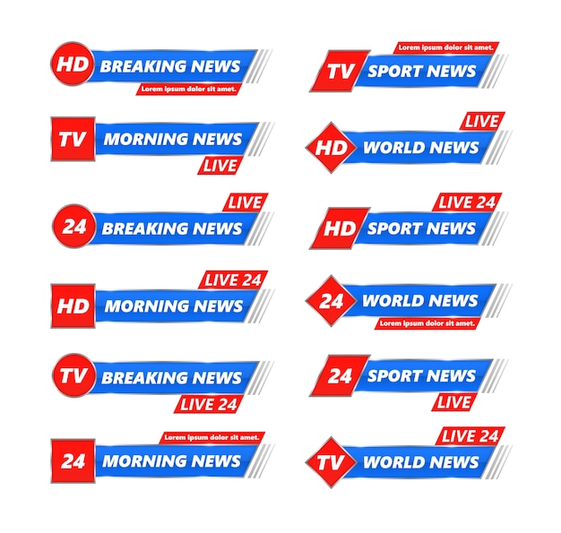 Breaking news tv banners set. breaking news, full hd, ultra hd, dramatization, live recording. lower header, channel name or emblem with text, third part bottom line.