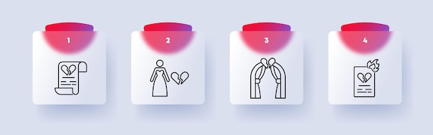 Breaking up icon set Broken heart document tekst vrouw jurk kroon vuur vuur schisma verval einde echtscheiding nummering relatie eindigend concept Glassmorphism stijl