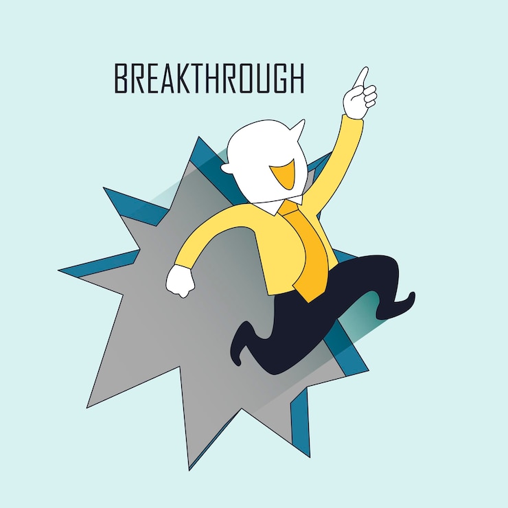 Vector breakthrough concept: a businessman jumping out from the wall in line style