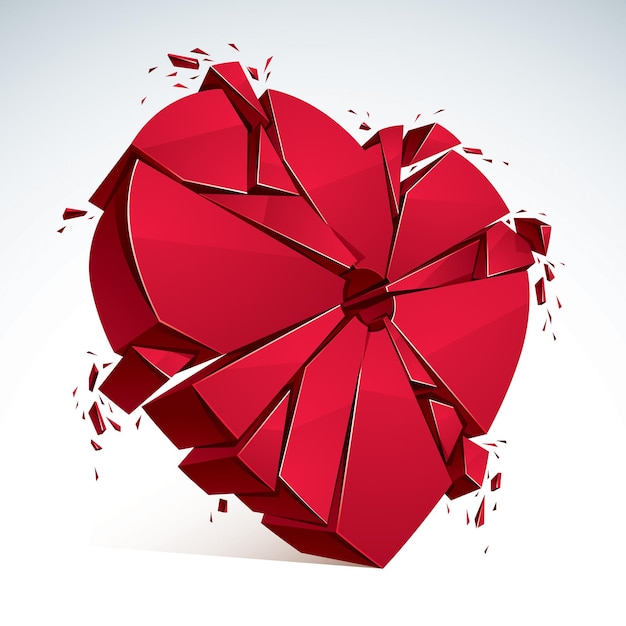breakup concept of broken heart, 3d realistic vector illustration of heart symbol exploding to pieces. creative idea of breaking apart love, break up.