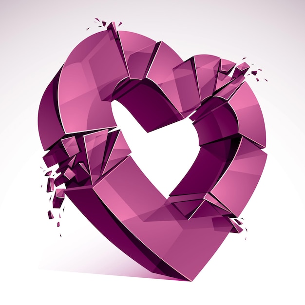 Breakup-concept van gebroken hart, 3D-realistische vectorillustratie van hartsymbool dat aan stukken explodeert. Creatief idee om liefde uit elkaar te halen, uit elkaar te gaan.