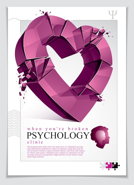 Breakup concept van gebroken hart, 3D-realistische vectorillustratie van hartsymbool exploderen in stukken, flyer of brochure voor psychologie kliniek, consultatie en therapie. Creatief idee dat liefde breekt.