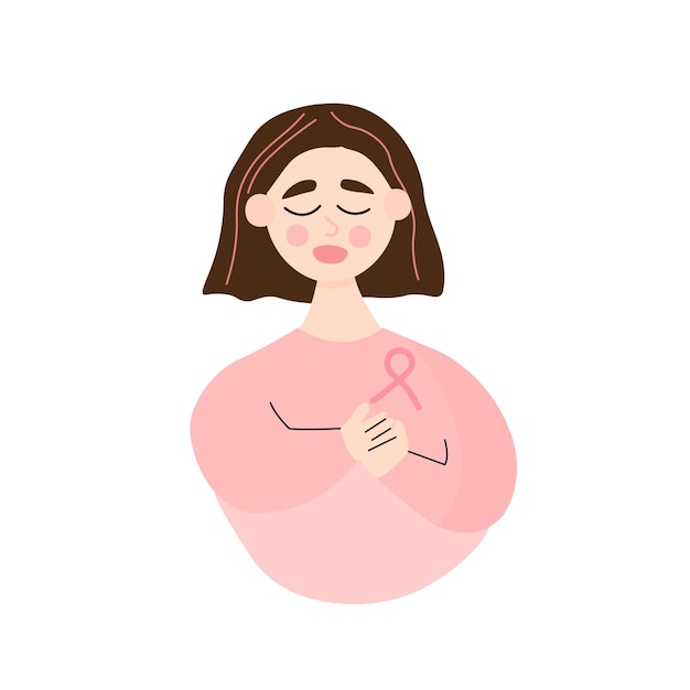 Breast awareness month concept illustration woman holding pink ribbon on chest