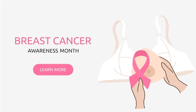 Breast Cancer awareness banner illustration Bra breast prosthesis with pink ribbon Pink october month female healthcare campaign solidarity web template design Vector illustration