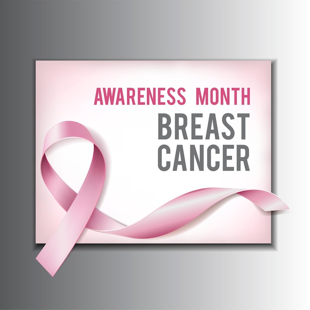 Breast cancer awareness concept with text and realistic pink ribbon.  illustration