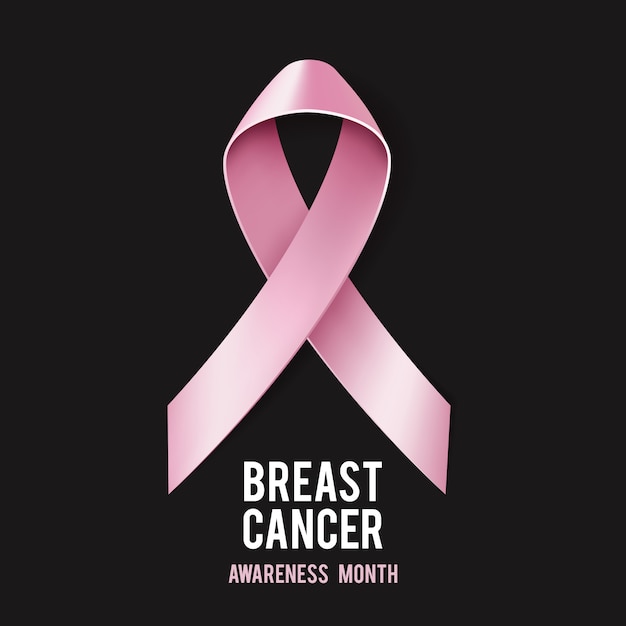 Breast cancer awareness concept with text and realistic pink ribbon.