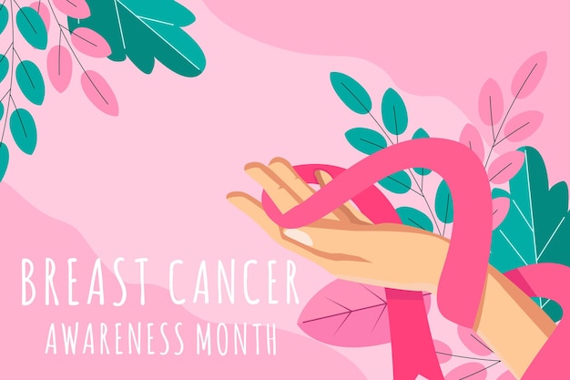 Breast Cancer Awareness Month background illustration with hands surrounded by ribbon