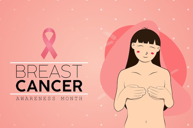 Breast cancer awareness month background with girl flat illustration