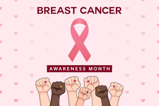 Breast cancer awareness month background with ribbon and cheering hands