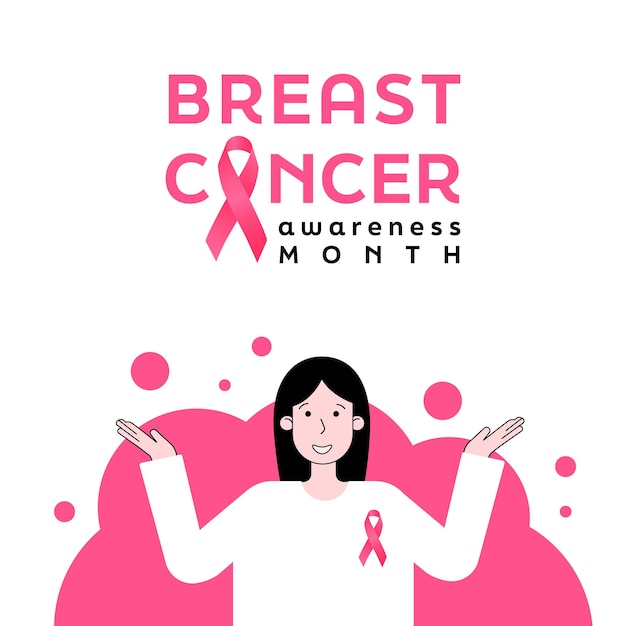 Баннер месяца осведомленности о раке молочной железы счастливая женщина с розовой лентой