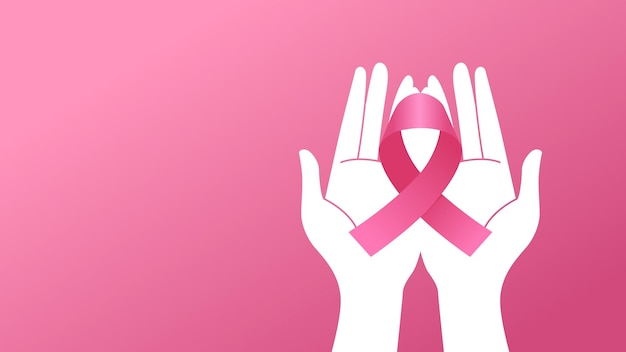 Месяц осведомленности о раке молочной железы Баннер Простая чистая мультфильмная рука с розовой лентой Иллюстрация