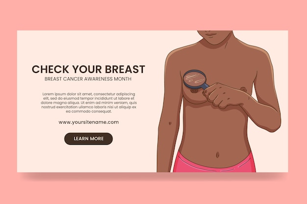 Vector breast cancer awareness month banner template black woman monthly self exam with magnifying glass