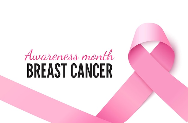 乳がん啓発月間バナーベクトルテンプレート。レタリングと10月のリアルなシルクリボンのデザイン要素。腫瘍疾患の連帯。女性の健康3dベクトルポスター、印刷レイアウト