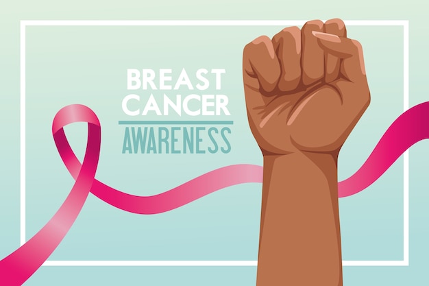 리본 핑크와 손 주먹으로 유방암 인식의 달 캠페인 포스터