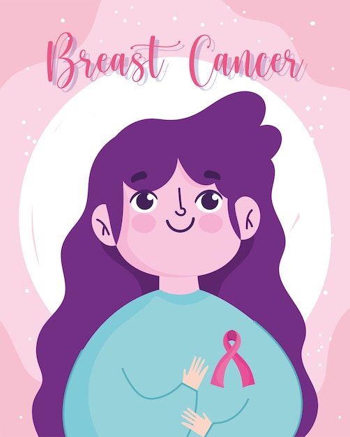 Vector breast cancer awareness month cartoon woman portrait with ribbon in shirt