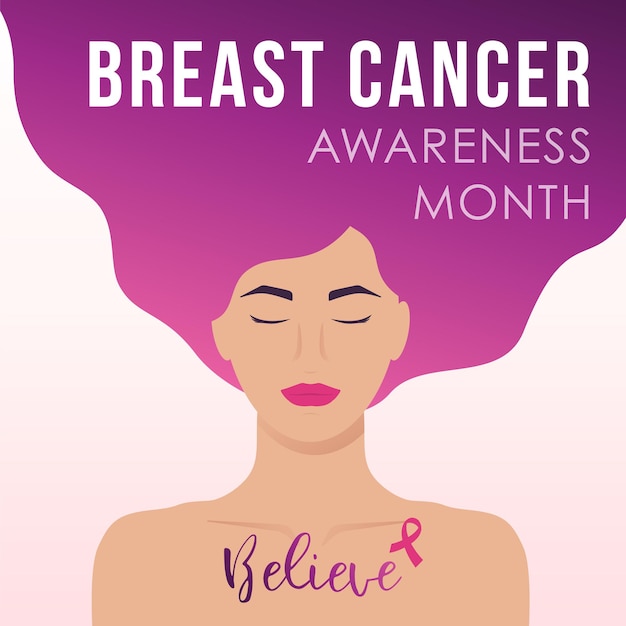 Vector breast cancer awareness month design with young woman and text