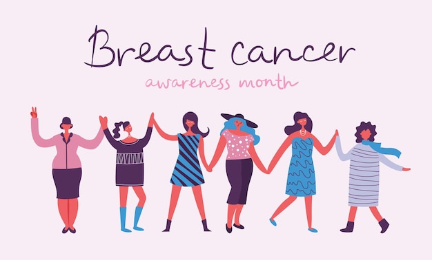 Vector breast cancer awareness month for disease prevention campaign and diverse ethnic women group together with pink support ribbon symbol on chest concept