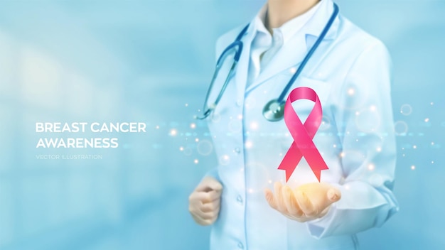 Breast Cancer Awareness Month Doctor holding in hand the pink ribbon breast cancer awareness symbol Healthcare International Women day and World cancer day medical concept Vector illustration