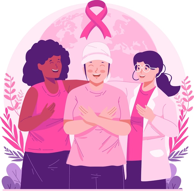 Vettore mese di consapevolezza del cancro al seno amici donne che sostengono una donna con il cancro al seno prevenire la malattia