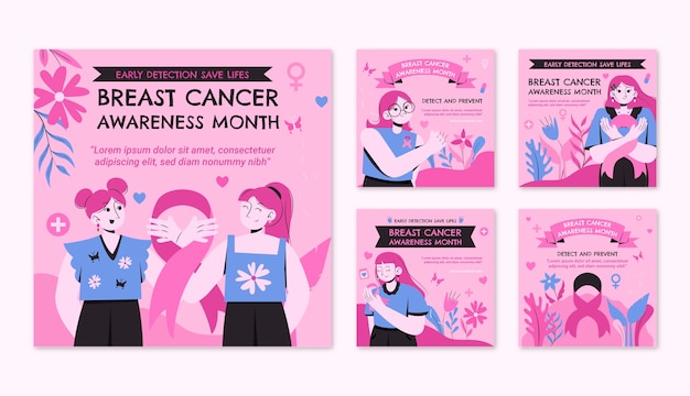 Vettore collezione di post instagram design piatto mese di consapevolezza del cancro al seno