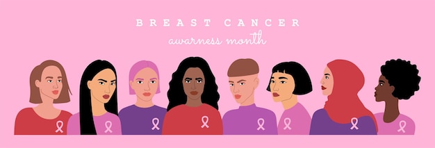 Breast cancer awareness month group of women, solidarity with females fighting with disease oncology