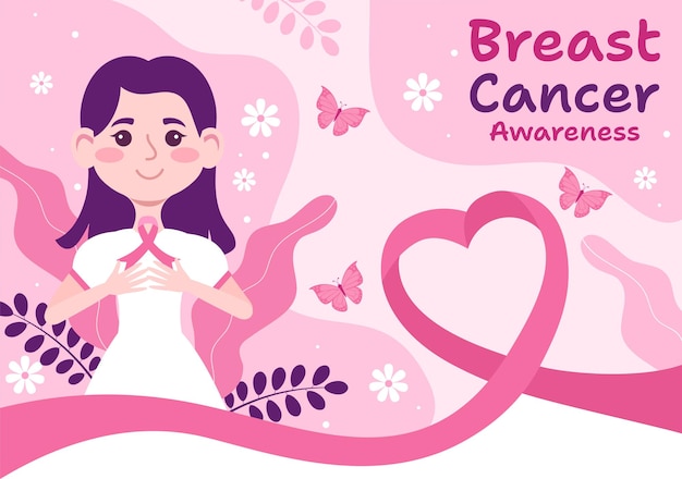 Vector breast cancer awareness month illustration of diverse women with pink support ribbon for campaign