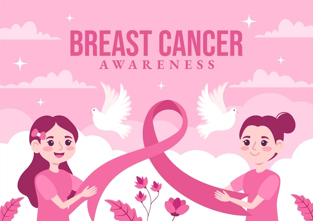 유방암 인식의 달 캠페인을 위한 분홍색 지원 리본을 가진 다양한 여성들의 그림