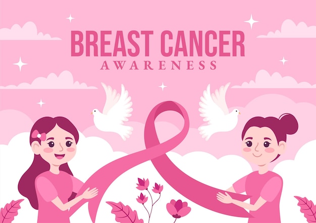 Breast cancer awareness month illustration of diverse women with pink support ribbon for campaign