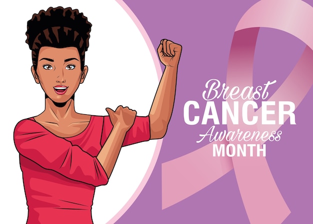 Breast cancer awareness month lettering with strong afro woman vector illustration design