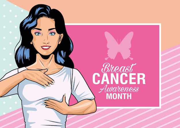 Месяц осведомленности о раке молочной железы с самопроверкой женщины и векторной иллюстрацией бабочки