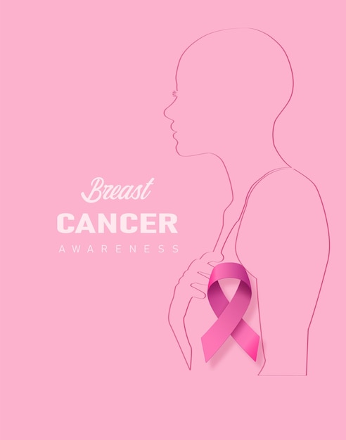 Vettore donna tagliata in carta del mese della consapevolezza del cancro al seno con fiori e nastro rosa