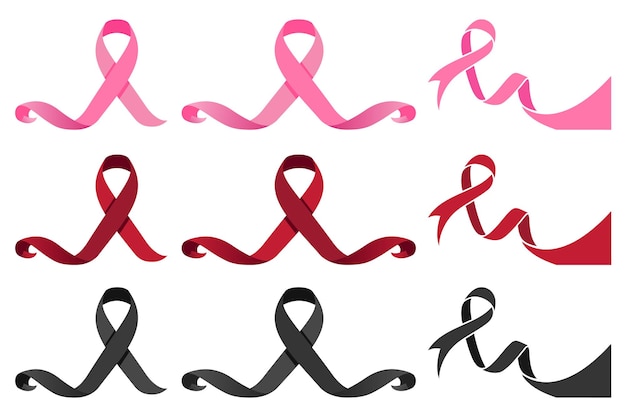 Breast Cancer Awareness Month. Pink Red Black Ribbon On white Background. Vector Design Template