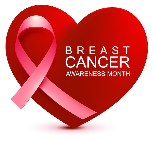 Месяц осведомленности рака молочной железы розовая лента на фоне символ формы сердца надежда