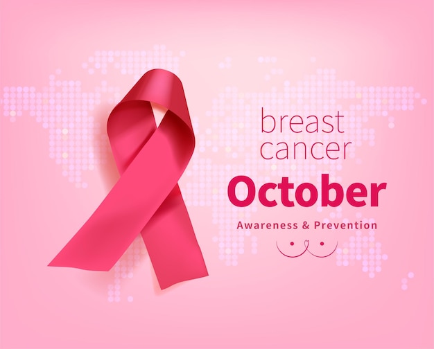 Breast cancer awareness month poster background concept design Realistic pink bow ribbon vector illustration template