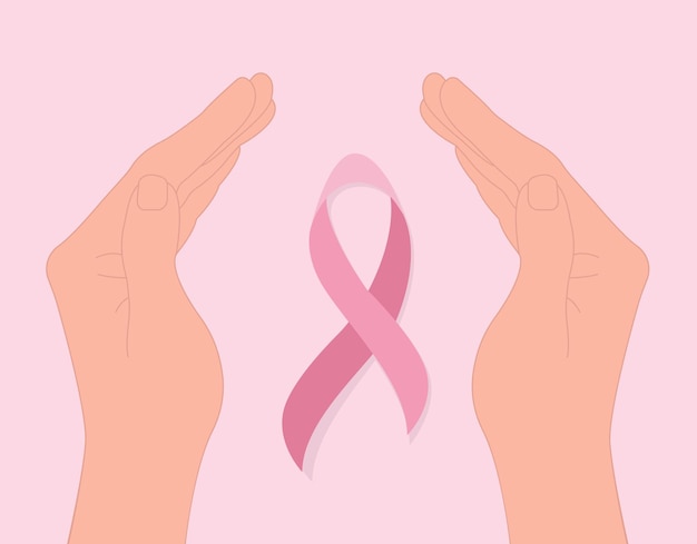 Vector breast cancer awareness month poster a hand holds a pink ribbon flat vector illustration