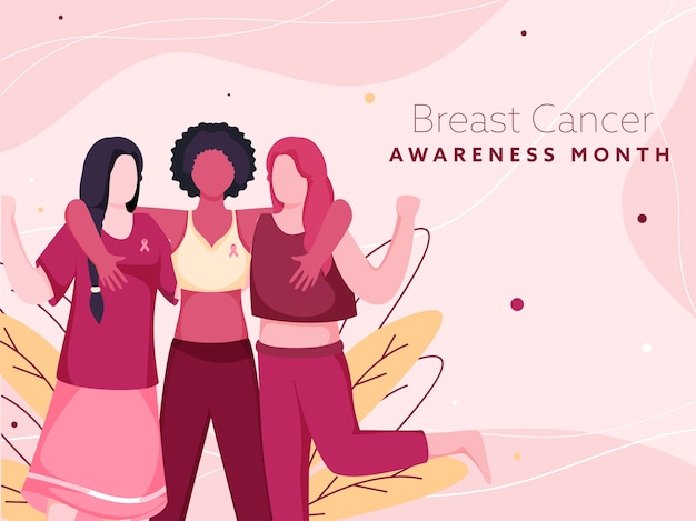 Breast Cancer Awareness Month Poster  with Cartoon Fighter Young Women and Leaves on Pink Background.