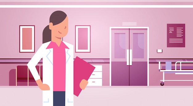 Breast cancer awareness month poster with female doctor in hospital disease prevention banner