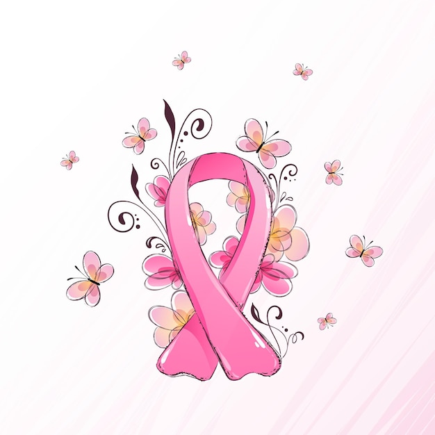 Vector breast cancer awareness month ribbon illustrated with flowers and butterflies