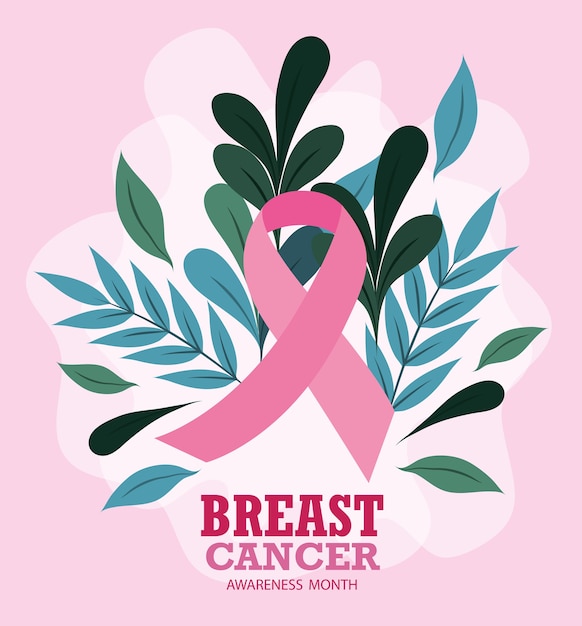 Breast cancer awareness month ribbon pink leaves foliage vector and illustration design