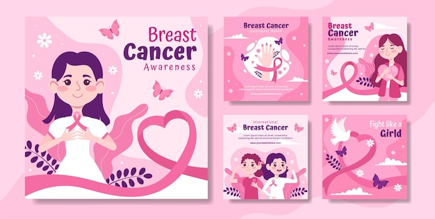 Breast Cancer Awareness Month Social Media Post Flat Cartoon Templates Background Illustration